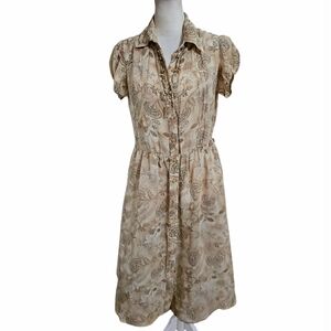 MAXIME 100% Silk Floral Vintage Inspired Button Front Midi Dress. Beige/blue. M